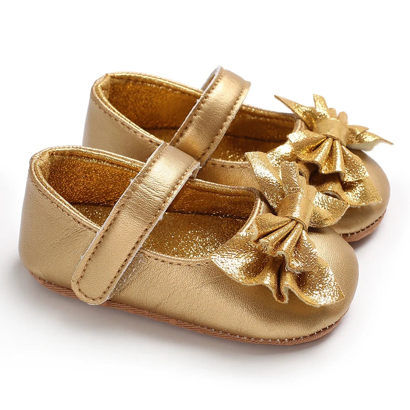 Gold Triple Bow Mary Jane baby first walkers