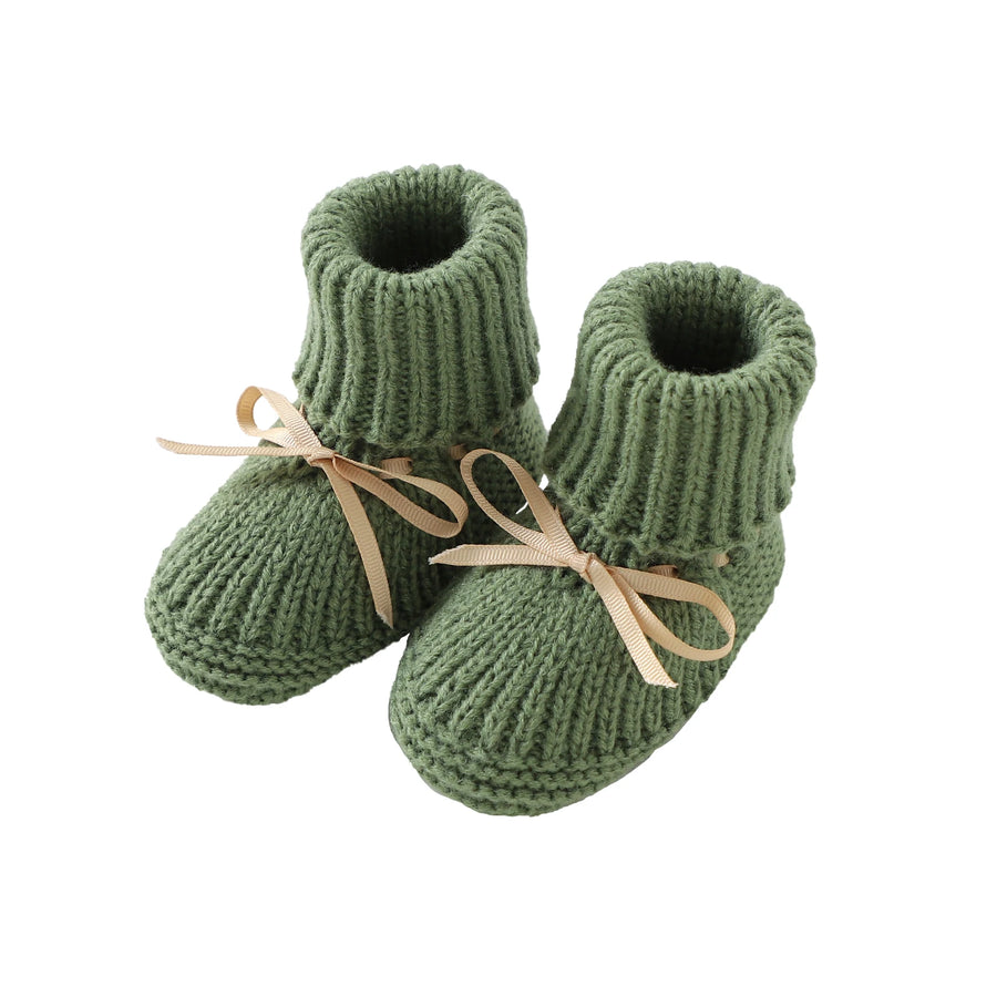 Olive Ribbon-Tie knitted baby booties