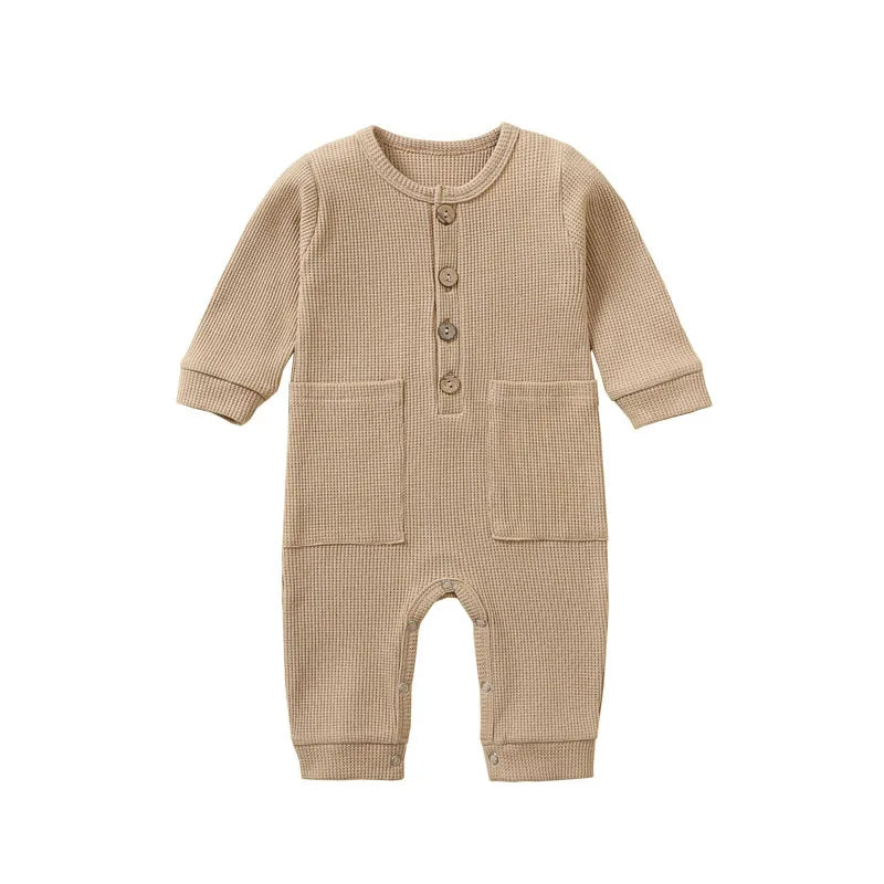 Waffle Knit Pocket Romper - Khaki, product view