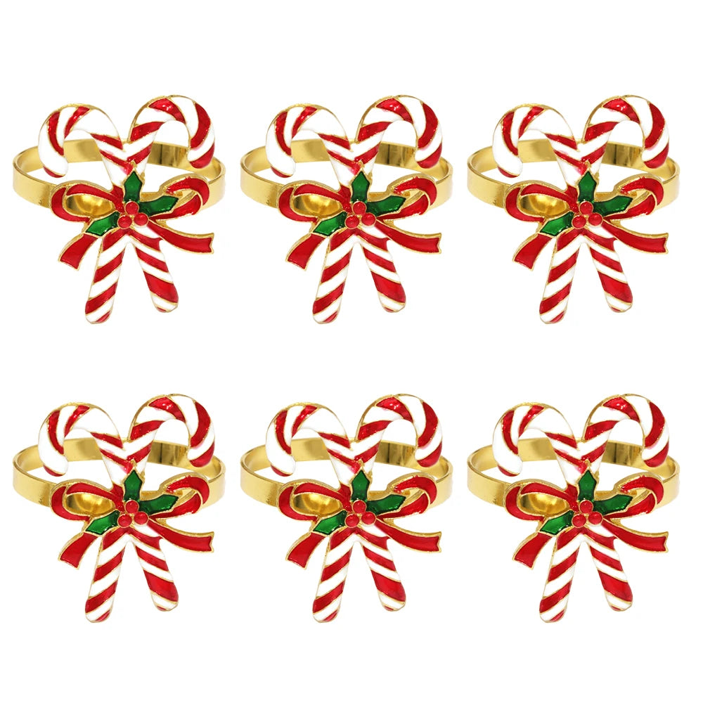 Red Christmas Candy Cane Heart Napkin Rings — Set of 6. Two red-and-white candy canes arranged in a heart shape with a red bow.
