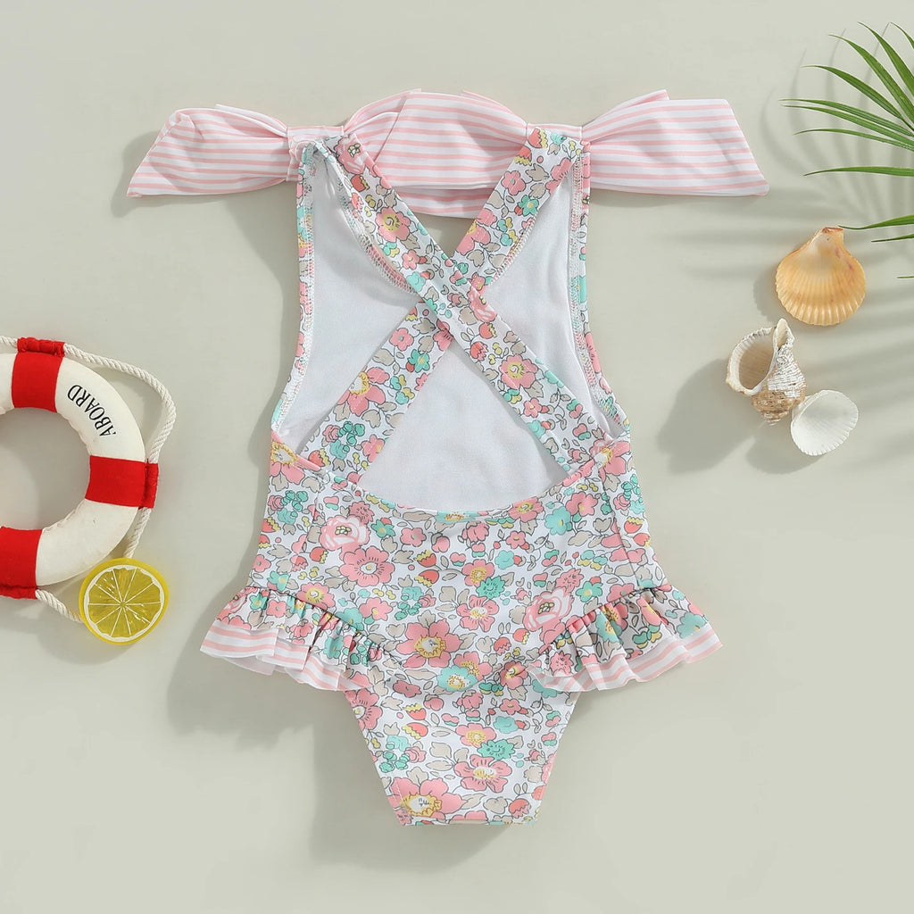 Pink variant of Floral Bow Backless Swimsuit for toddlers