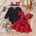 Red ladybug baby girls costume set with black romper, red suspender dress with black polka dots and ladybug applique, and red