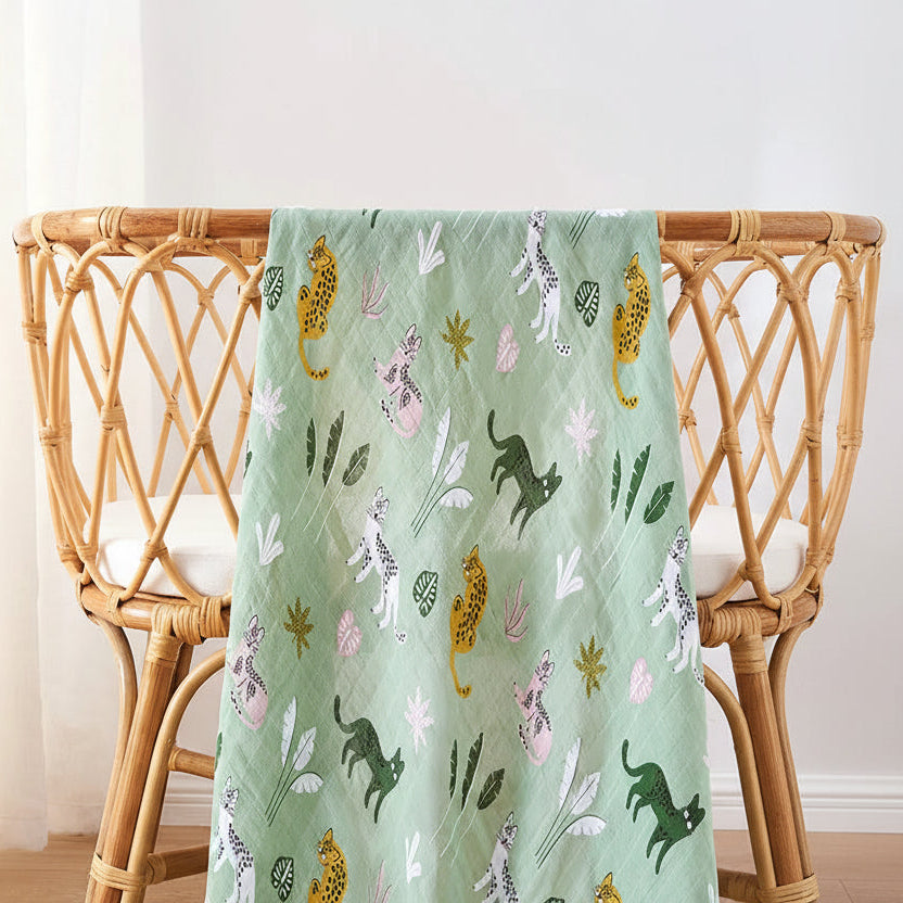 Sage Jungle Cats Bamboo Muslin Swaddle Blanket, product view