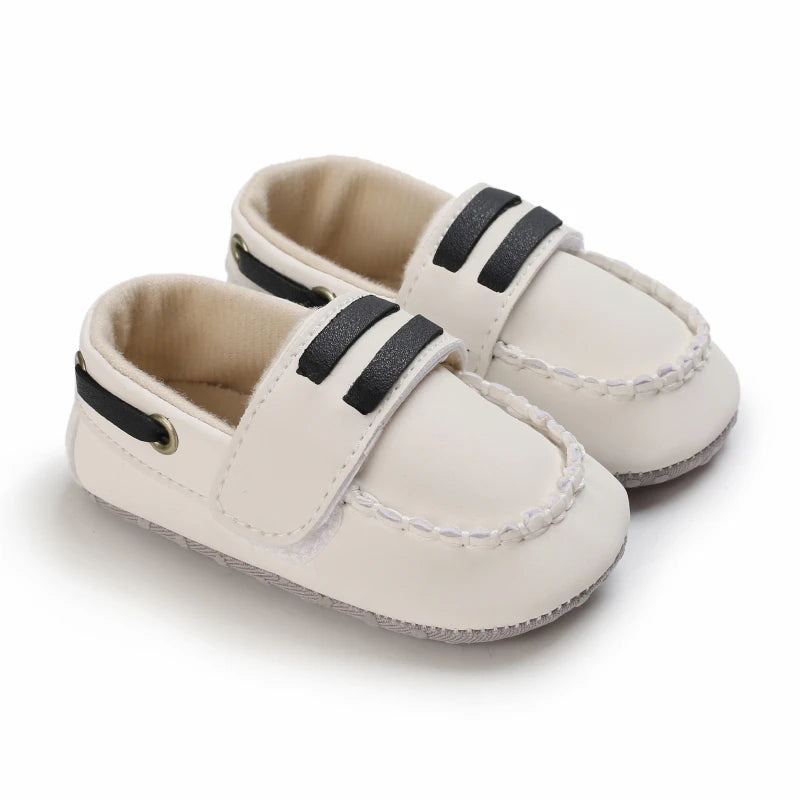White double-stripe baby loafer first walkers