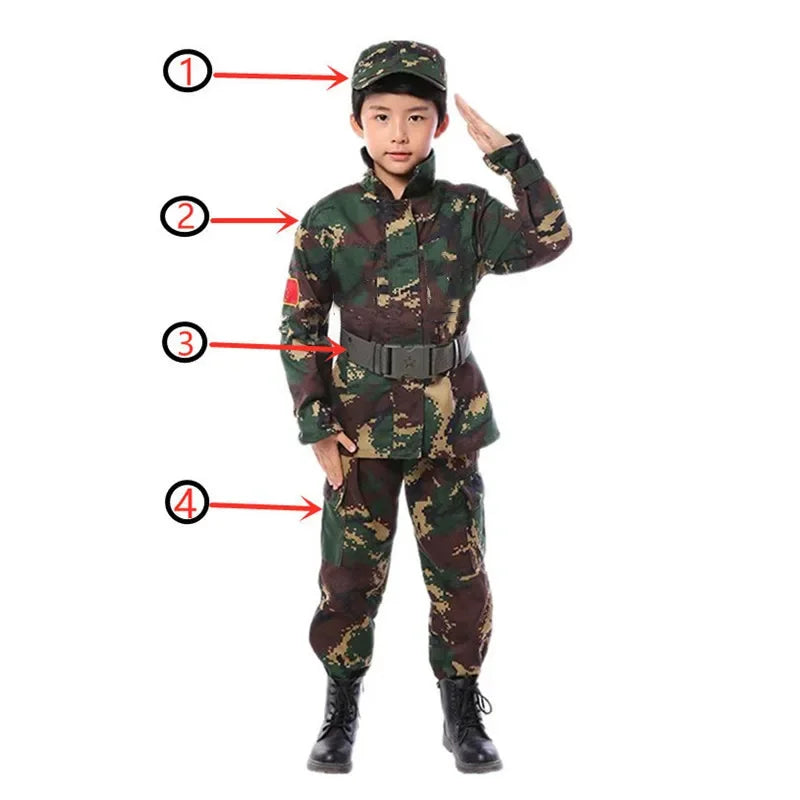 Child wearing dark green camouflage army soldier costume with cap, belt, top, and pants