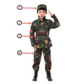 Child wearing dark green camouflage army soldier costume with cap, belt, top, and pants
