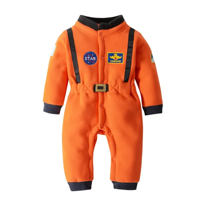 Royal blue astronaut romper with black belt and patches