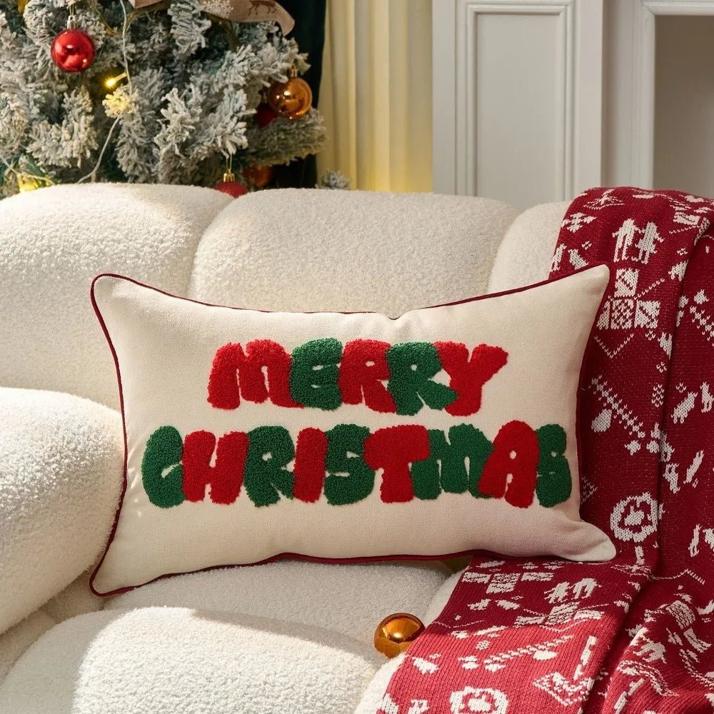 Christmas embroidered pillow cover, B-30x50cm, featuring red and green Merry Christmas block lettering.