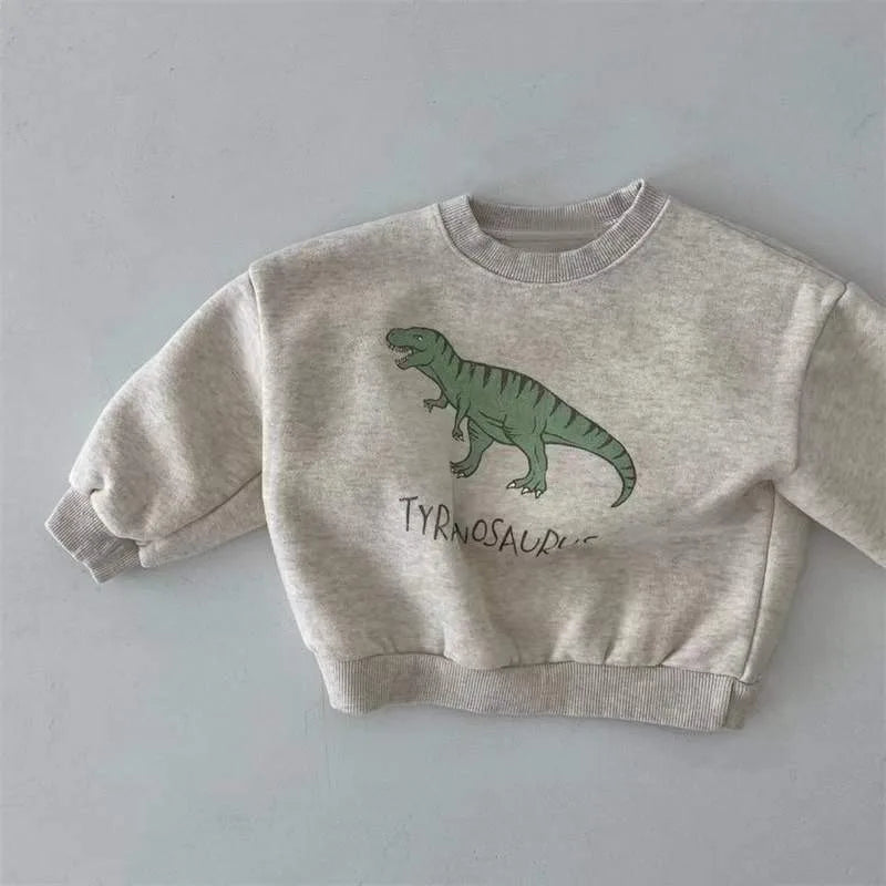 Child Wearing Cartoon Dinosaur Pullover Sweatshirt