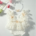 Newborn white romper with gold star and butterfly lace overlay and pearl butterfly headband