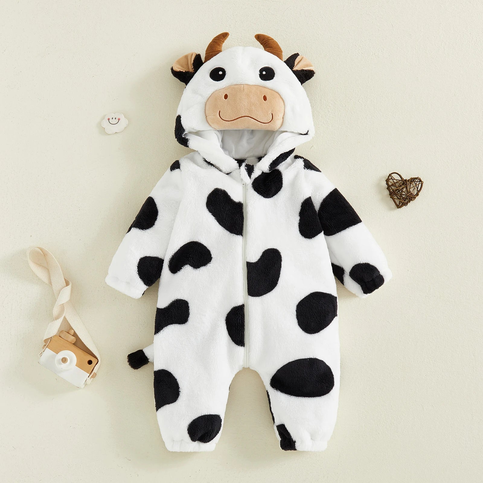 Baby cow hooded romper costume with black spots and brown horns
