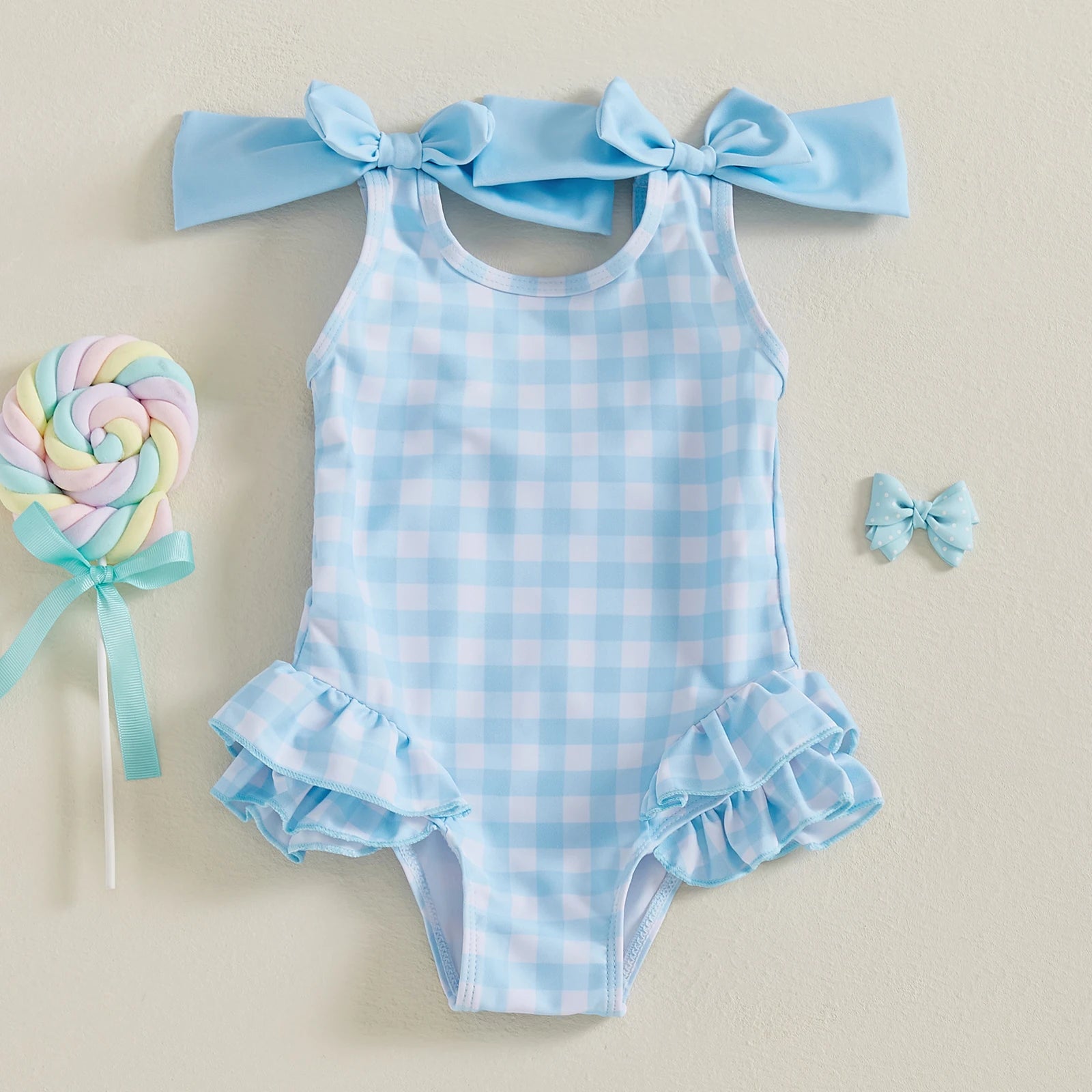 Plaid Print Girls Swimsuit with Ruffles and Double Bowknot