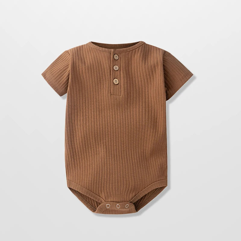 Classic Ribbed Short Sleeve Baby Bodysuit with Wood Button Detail
