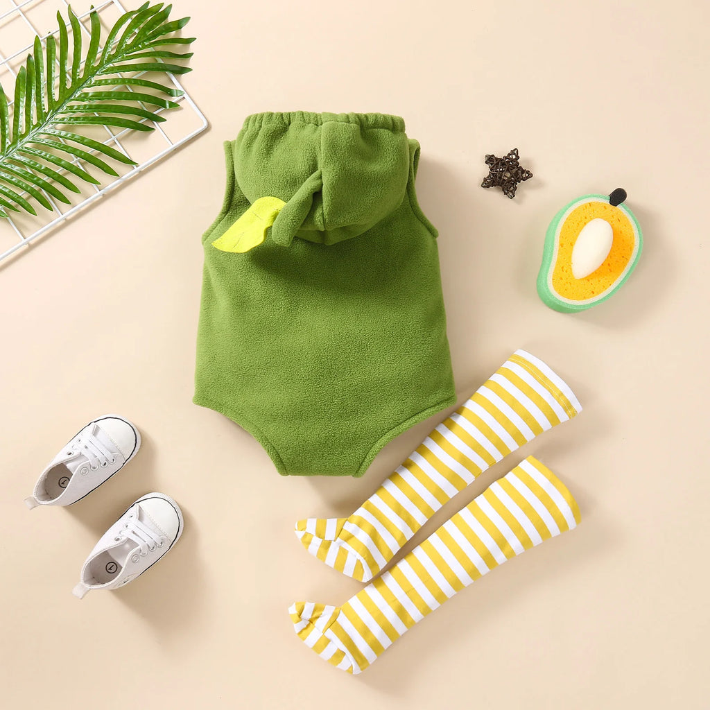 Back view of avocado romper costume with hood and striped stockings