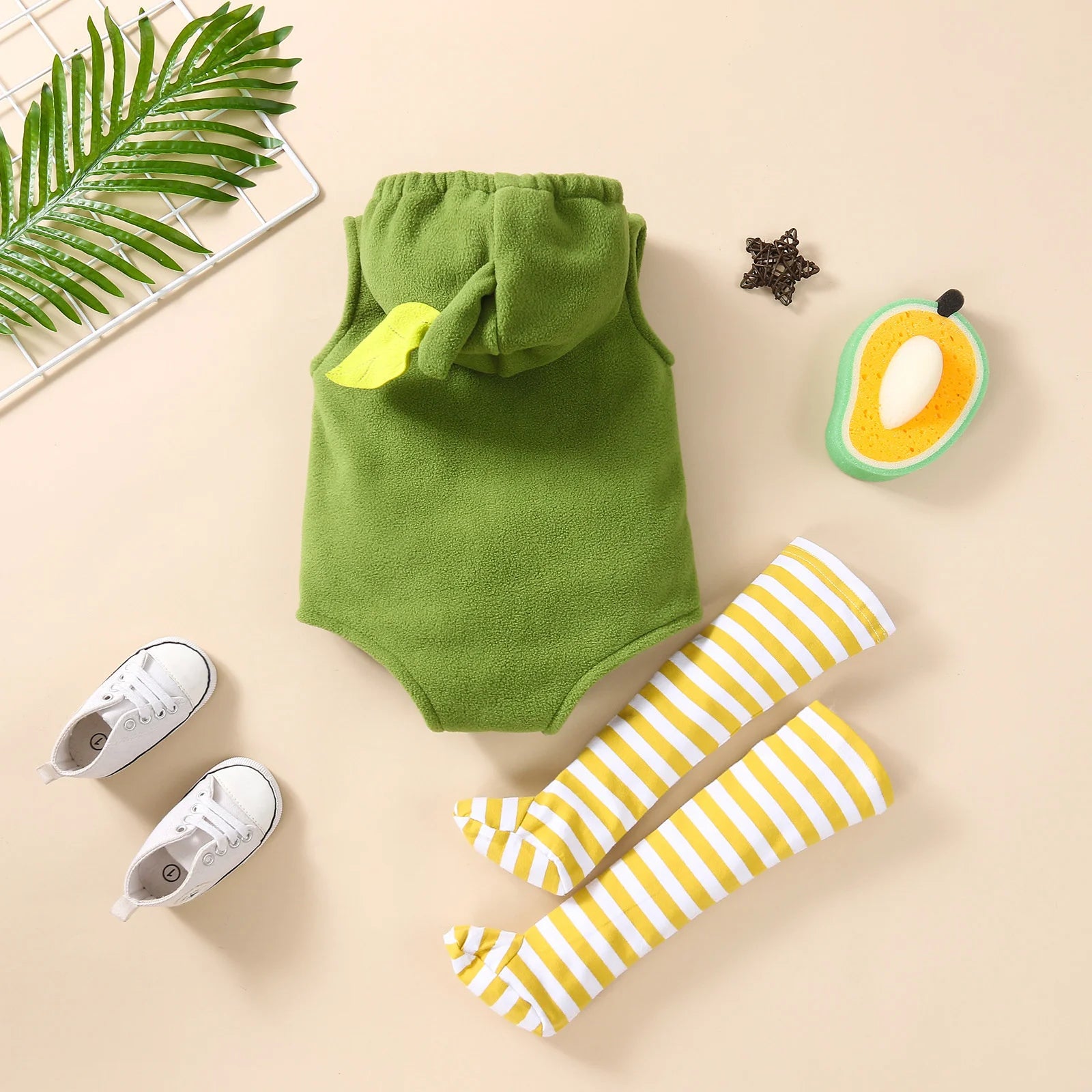 Back view of avocado romper costume with hood and striped stockings