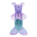 Purple and teal mermaid dress with puffed sleeves and fin skirt
