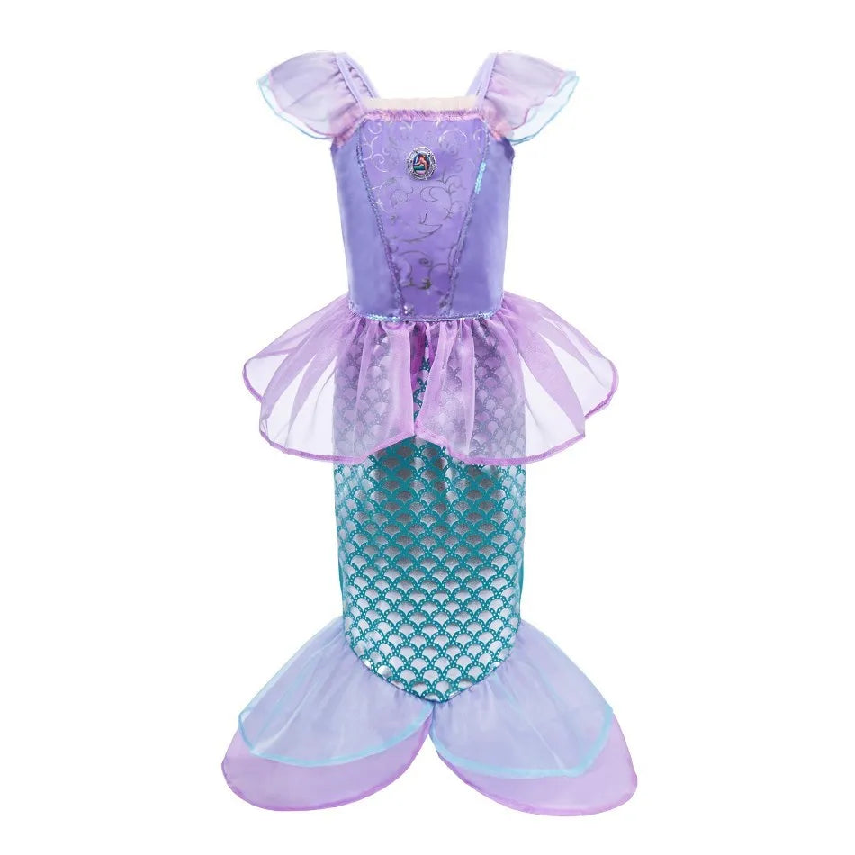 Purple and teal mermaid dress with puffed sleeves and fin skirt