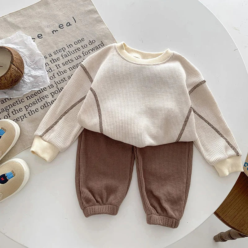 Side view of Beige Waffle Knit Baby Set