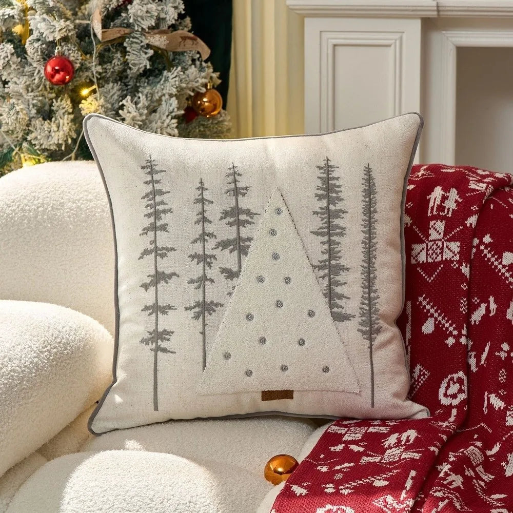 Christmas woodland tree embroidered pillow cover, E-45x45cm, featuring a cream-colored Christmas tree with gray woodland trees.