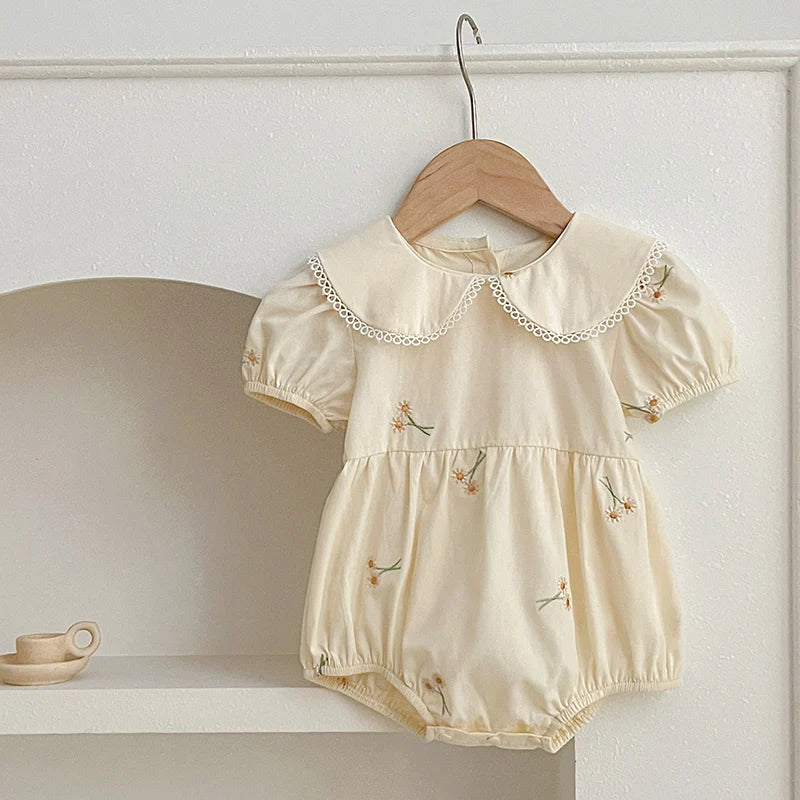 Girls summer outfit with embroidered romper and dress