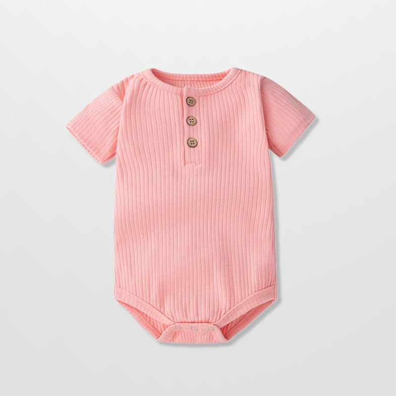 Classic Ribbed Short Sleeve Baby Bodysuit with Wood Button Detail