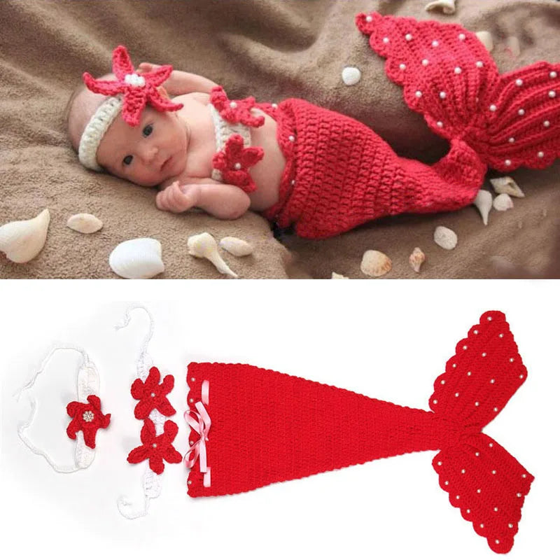 Crochet baby mermaid costume set packaging and display