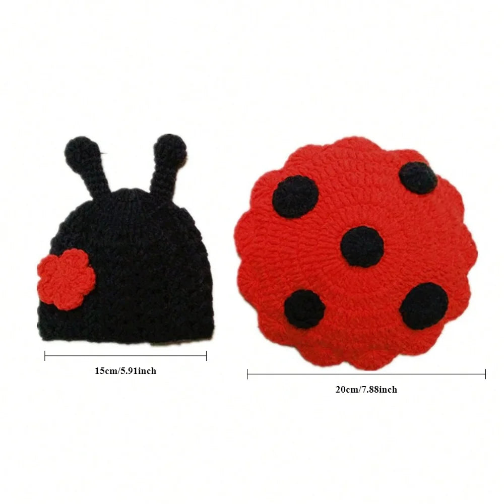 Handmade baby ladybug knitted costume set with red spotted beret and black antennae hat