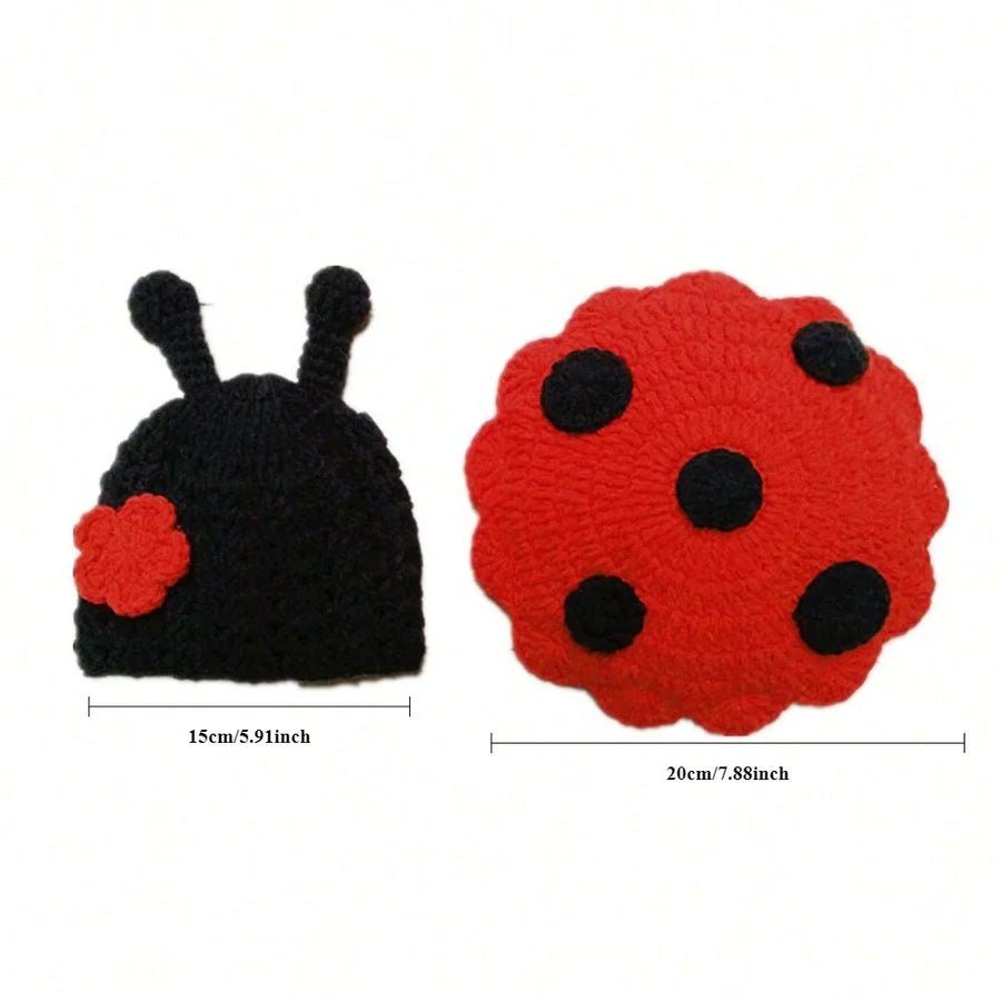 Handmade baby ladybug knitted costume set with red spotted beret and black antennae hat