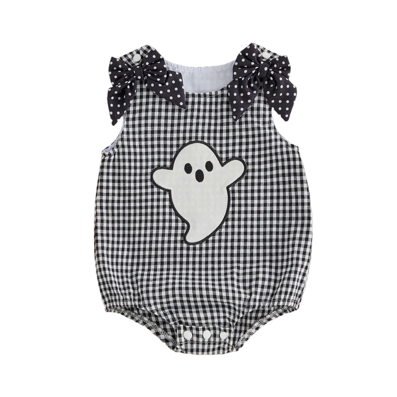 Black and white plaid baby romper with ghost applique and black polka dot bows on shoulders