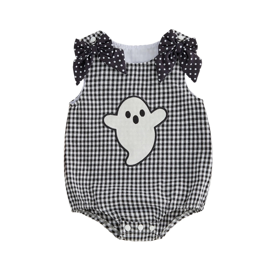 Black and white plaid baby romper with ghost applique and black polka dot bows on shoulders