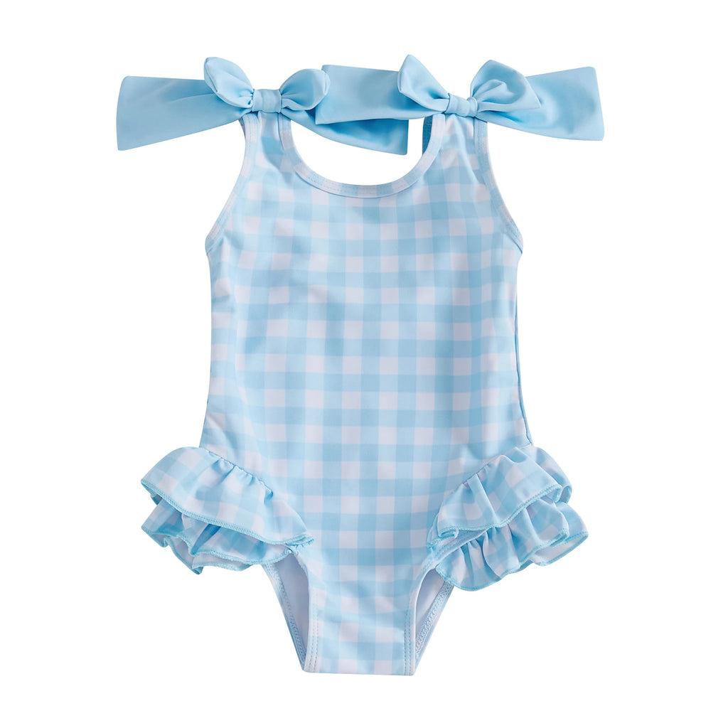 Plaid Print Girls Swimsuit with Ruffles and Double Bowknot