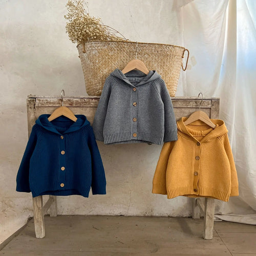 Hooded Pom Pom Knit Cardigan Cozy Cotton Baby Sweater Unisex Autumn Winter Cable Knitwear