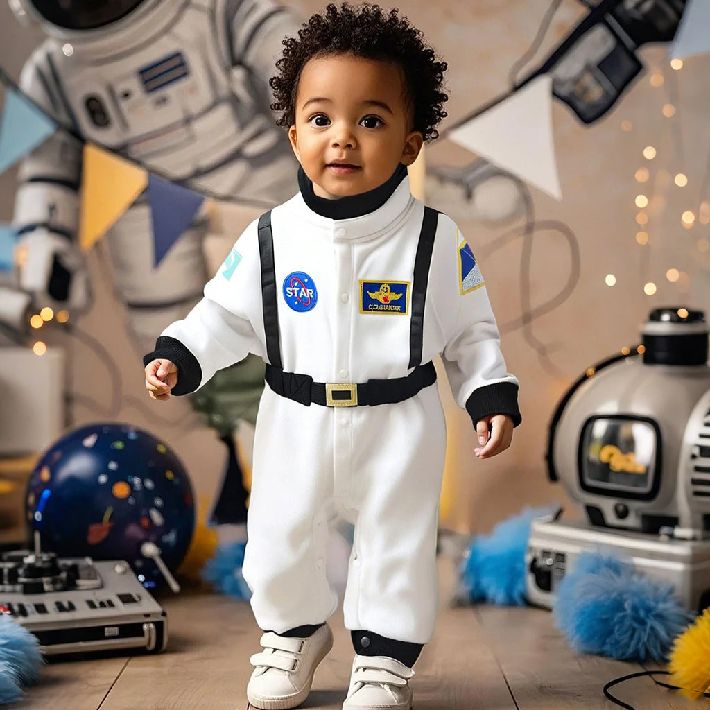 Toddler wearing white astronaut romper costume in space-themed party