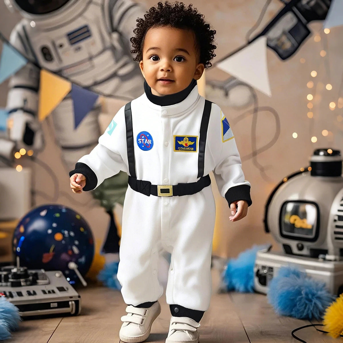 Toddler wearing white astronaut romper costume in space-themed party