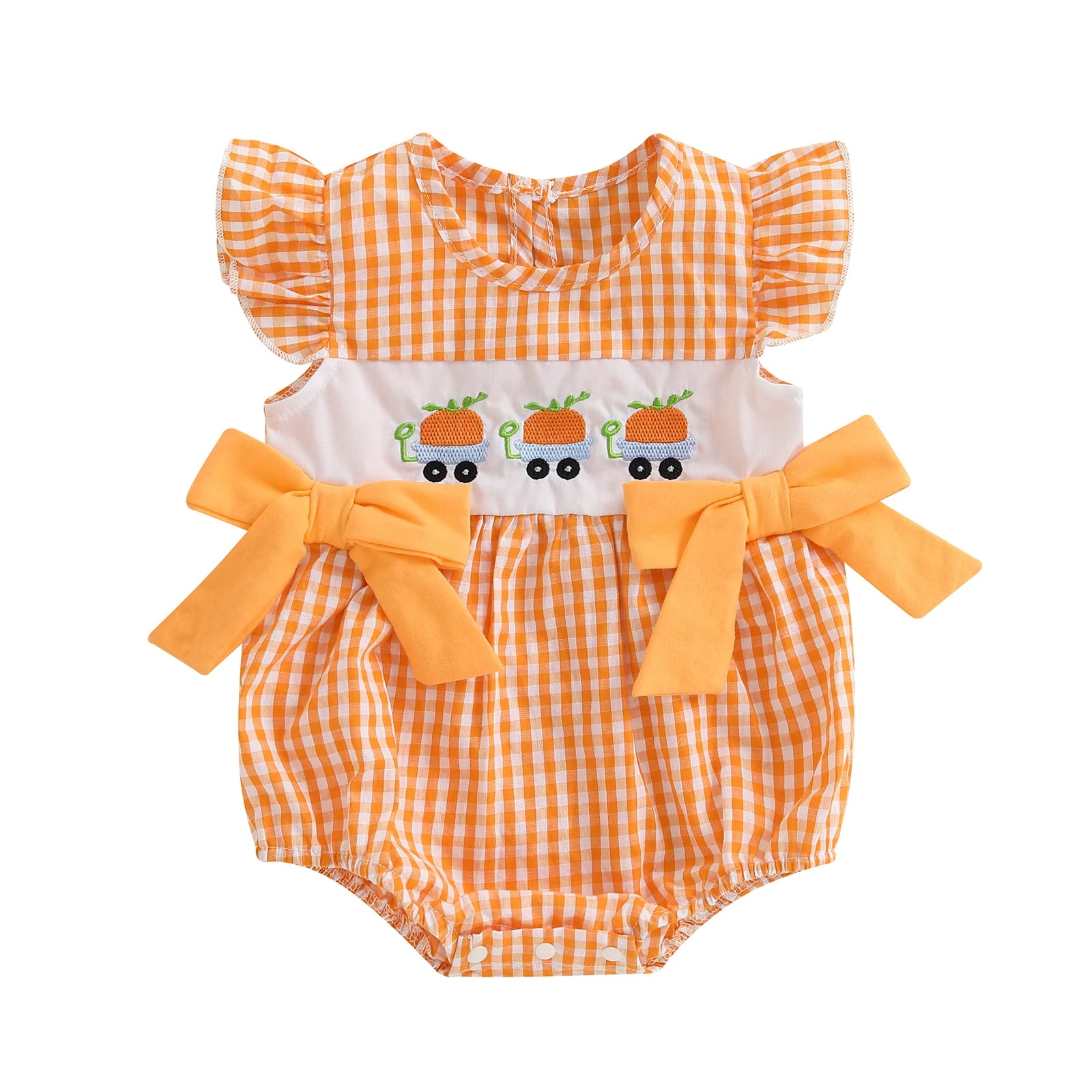 Orange gingham baby romper with embroidered pumpkins and bows