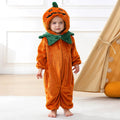 Toddler wearing plush pumpkin hooded romper costume with green leaf collar