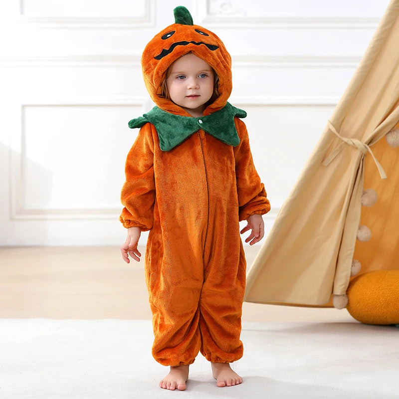 Toddler wearing plush pumpkin hooded romper costume with green leaf collar