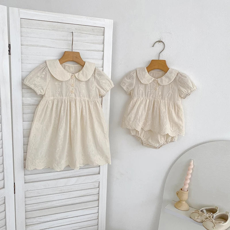 Embroidered cotton princess dress and romper set for girls