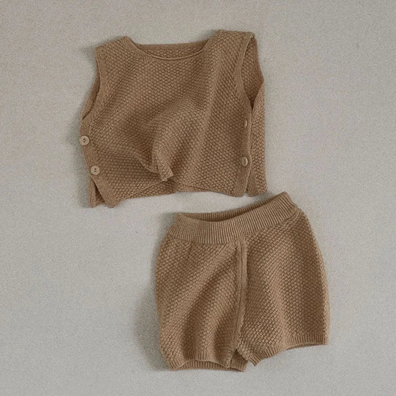 Sleeveless Knit Vest and Shorts Set for Baby Girls in Beige Apricot