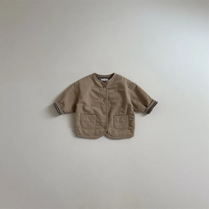 Plaid long sleeve cotton coat for baby and toddler close-up detail