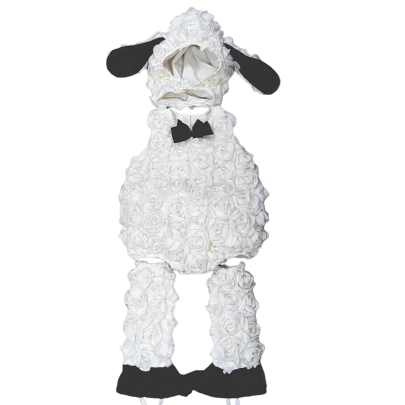 White lamb toddler costume set with hood and leg warmers