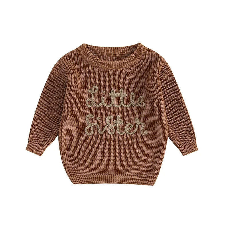 Brown Little Sister embroidered cotton knit baby sweater