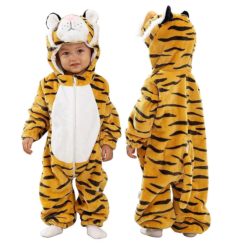 Yellow Tiger Infant Hooded Romper Costume Front and Back Views