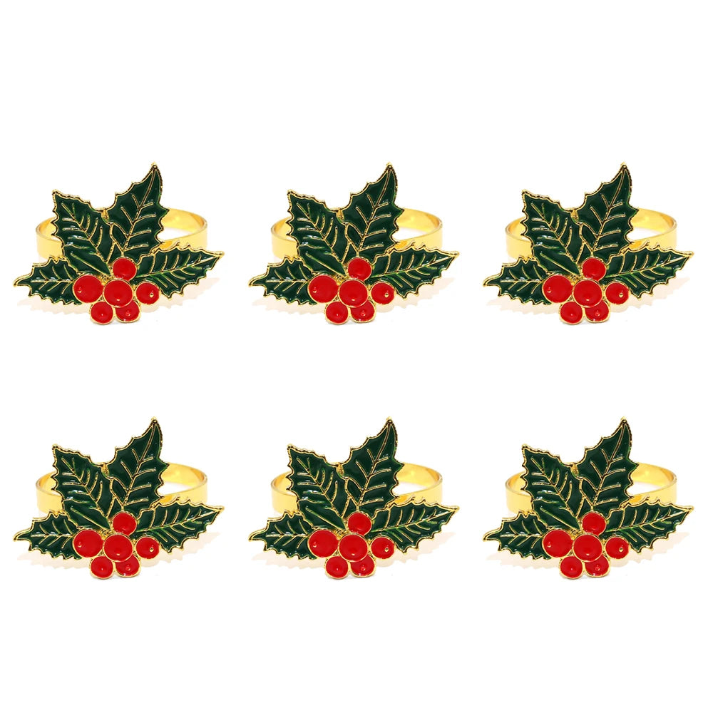 Christmas Holly and Berries Napkin Rings — Set of 6. Green holly leaves and red berries.