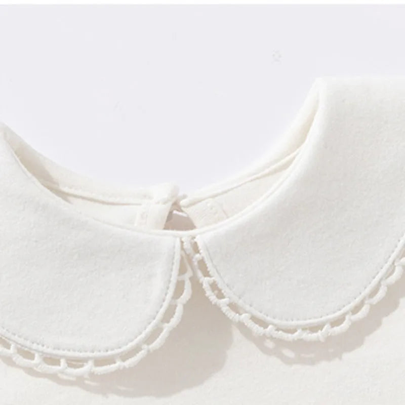 Close view of the scalloped openwork Peter Pan collar
