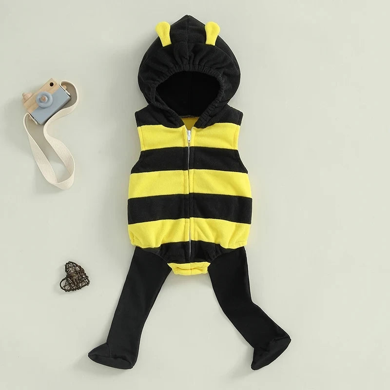 Bumble bee romper costume set laid flat with stockings attached