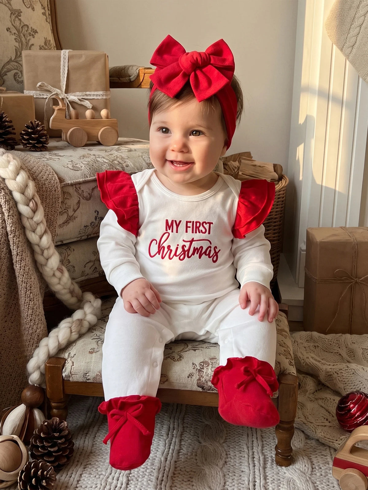 Baby wearing a white My First Christmas footed romper with red shoulder ruffles, red foot details, and a matching red bow headband.