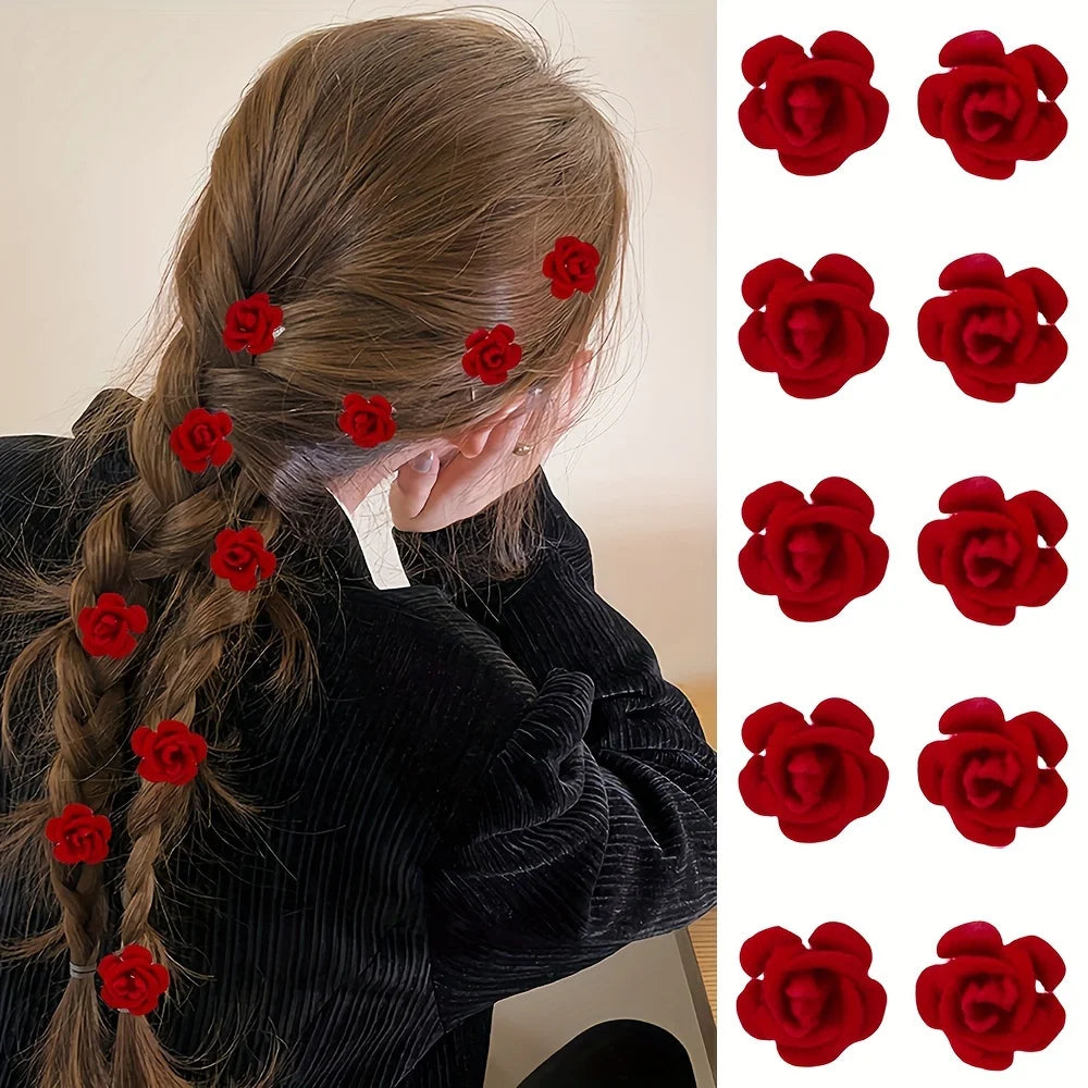 Ten small red rose hair clips shown beside a braided hairstyle decorated with the same rose clips.