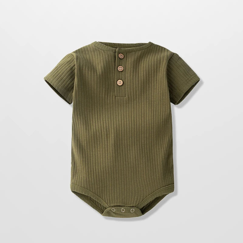 Classic Ribbed Short Sleeve Baby Bodysuit with Wood Button Detail