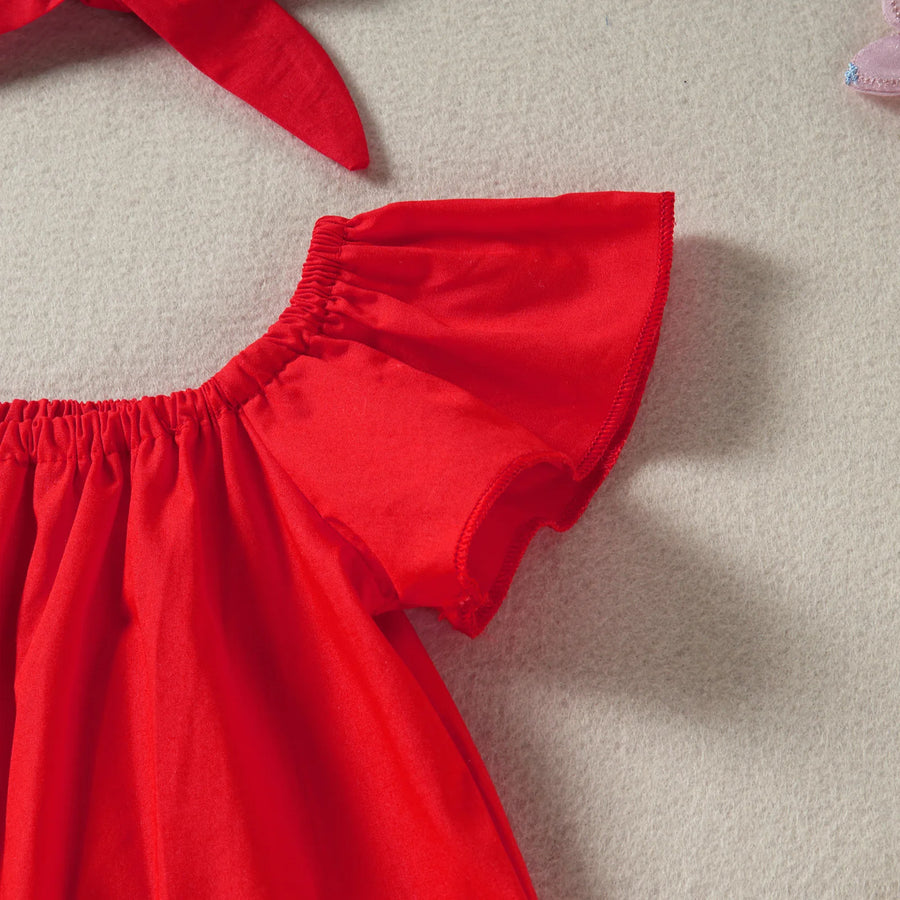 Crimson short flutter-sleeve detail